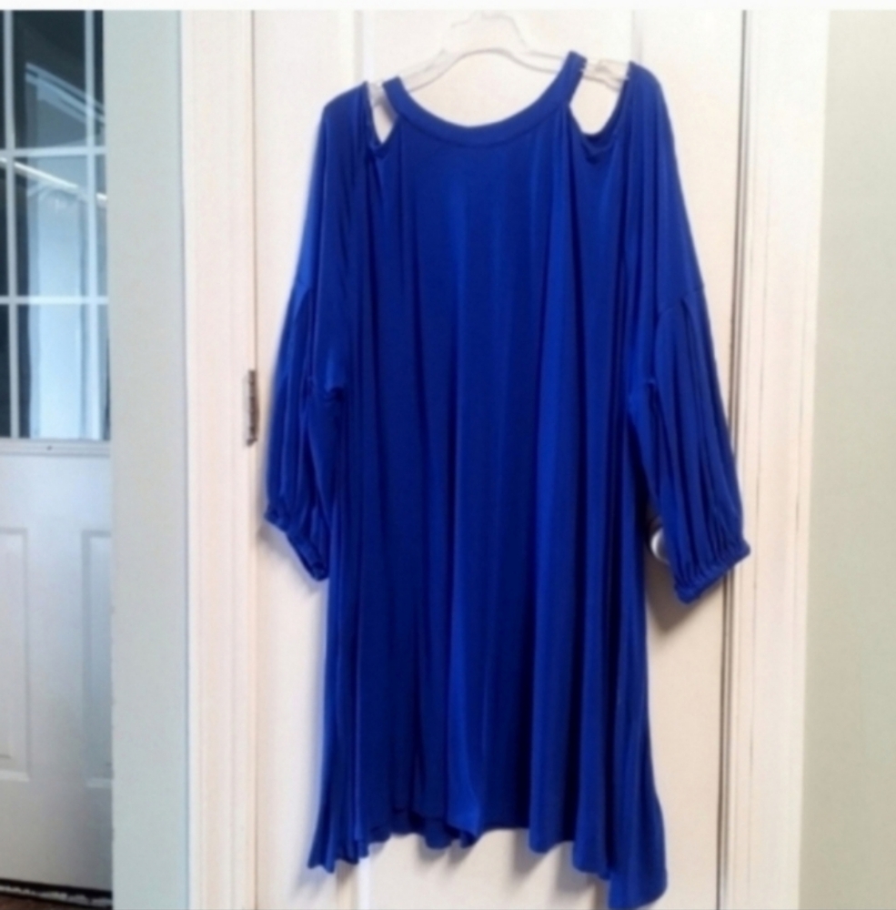 Roamans Flowy Knee Length Blue Dress with Cutout Shoulders Women's 4X Dressy